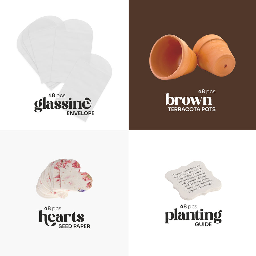 Wedding Favors Bundle – 48 Heart Seed Papers & 48 Mini Terracotta Pots