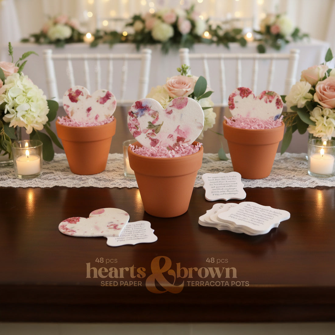 Wedding Favors Bundle – 48 Heart Seed Papers & 48 Mini Terracotta Pots