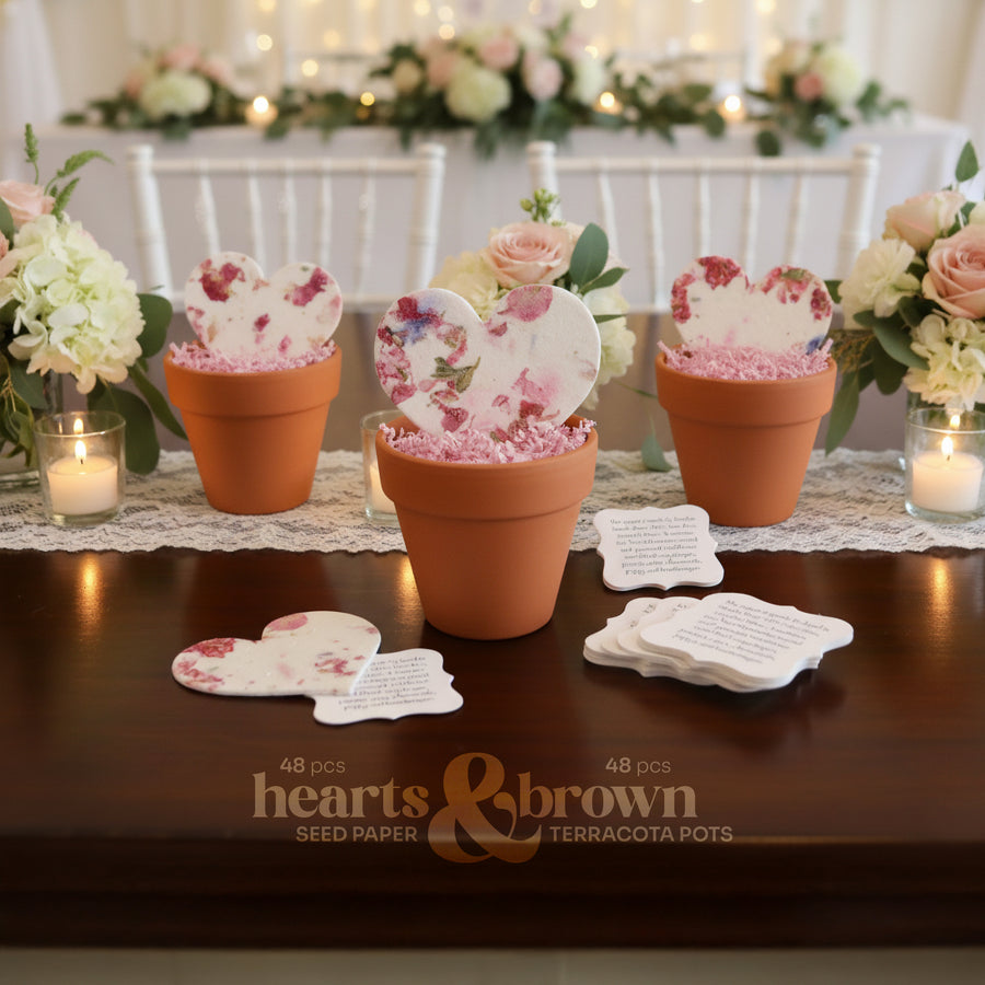 Wedding Favors Bundle – 48 Heart Seed Papers & 48 Mini Terracotta Pots