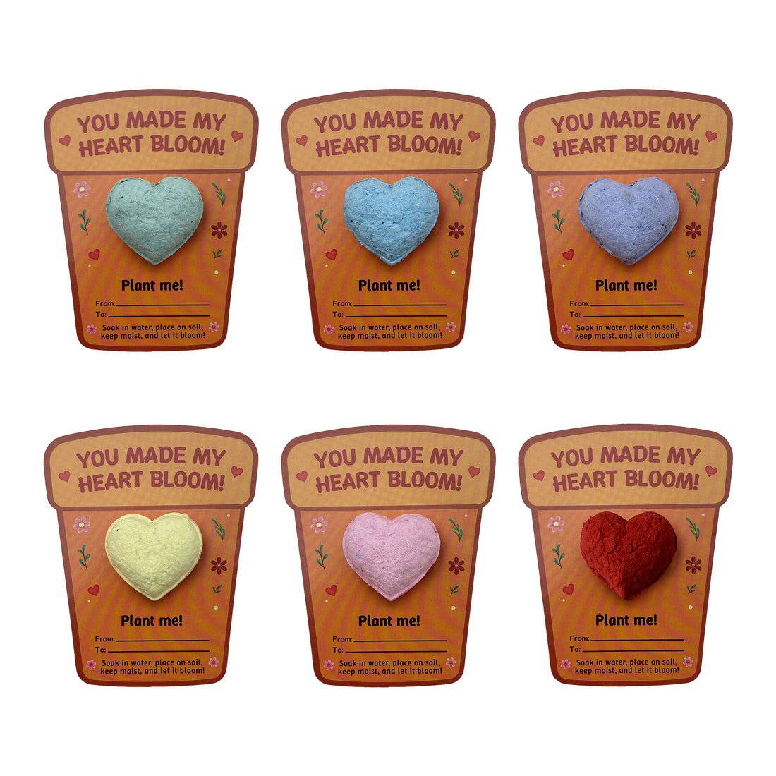 Set of six heart-shaped 3Dhearts by Seed Bloom Gifts in decorative pots with &