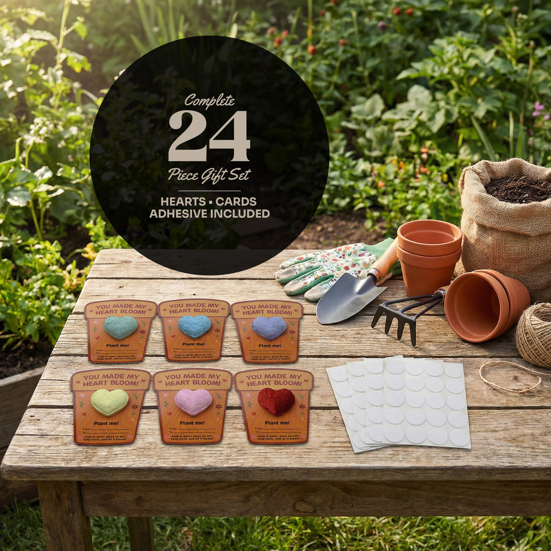 Seed Bloom 24-piece plantable heart seed paper gift set displayed on a wooden table with gardening tools, pots, and adhesive dots