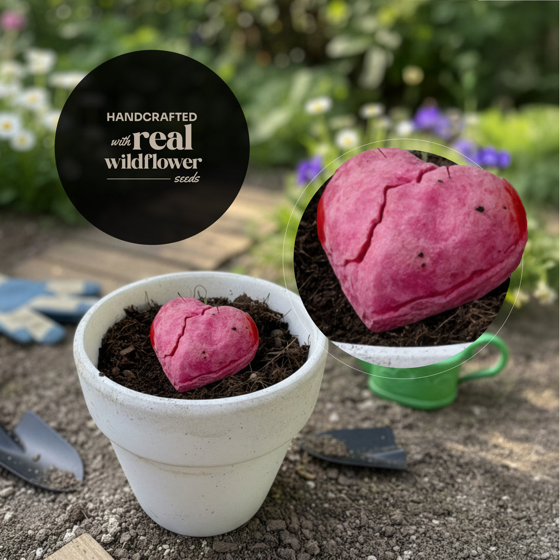 Pink plantable 3d heart made from seed paper placed in a pot of soil, highlighting embedded wildflower seeds by seed bloom gifts