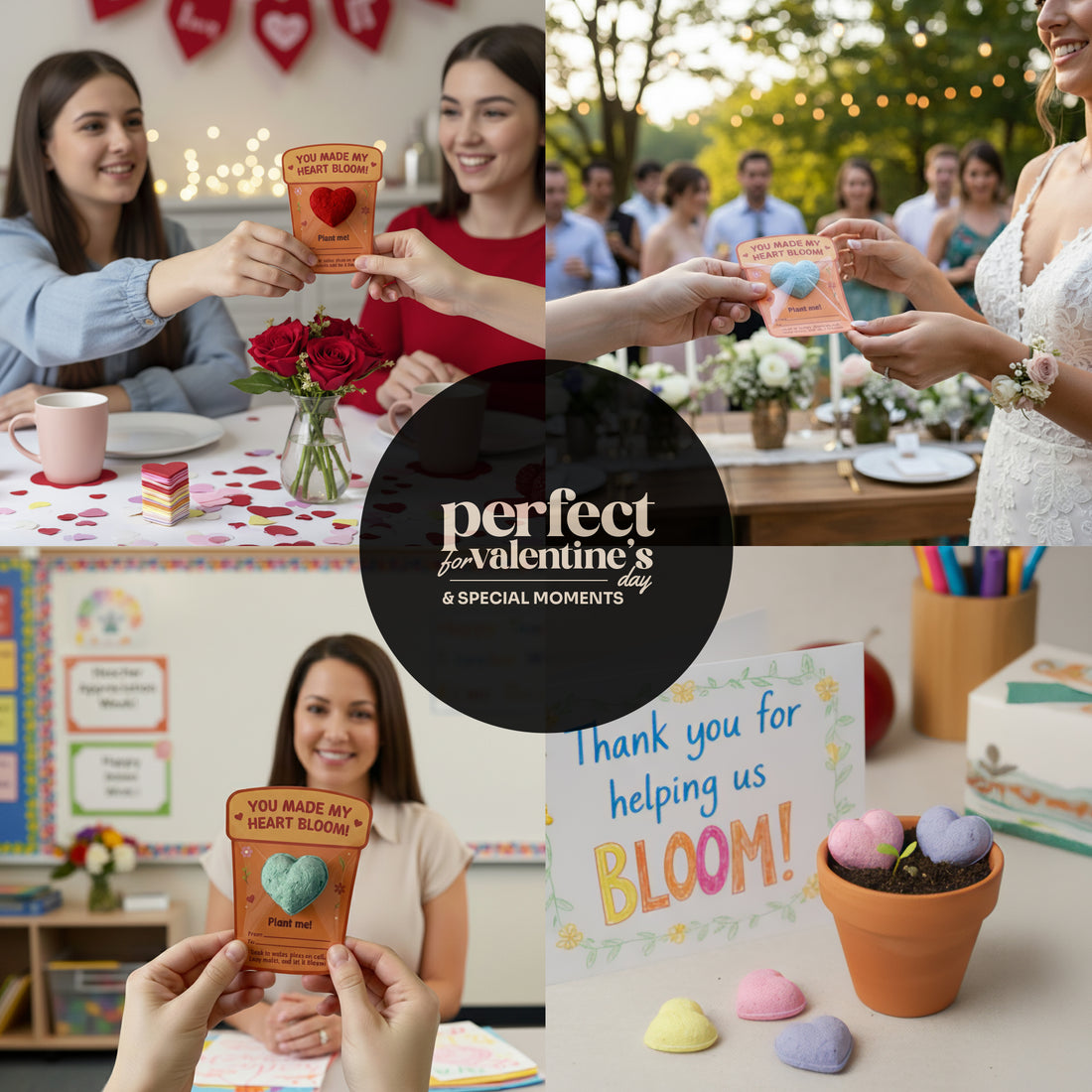 Collage of people holding 3d plantable heart seed paper gift with hearts and flowers, celebrating Valentine&