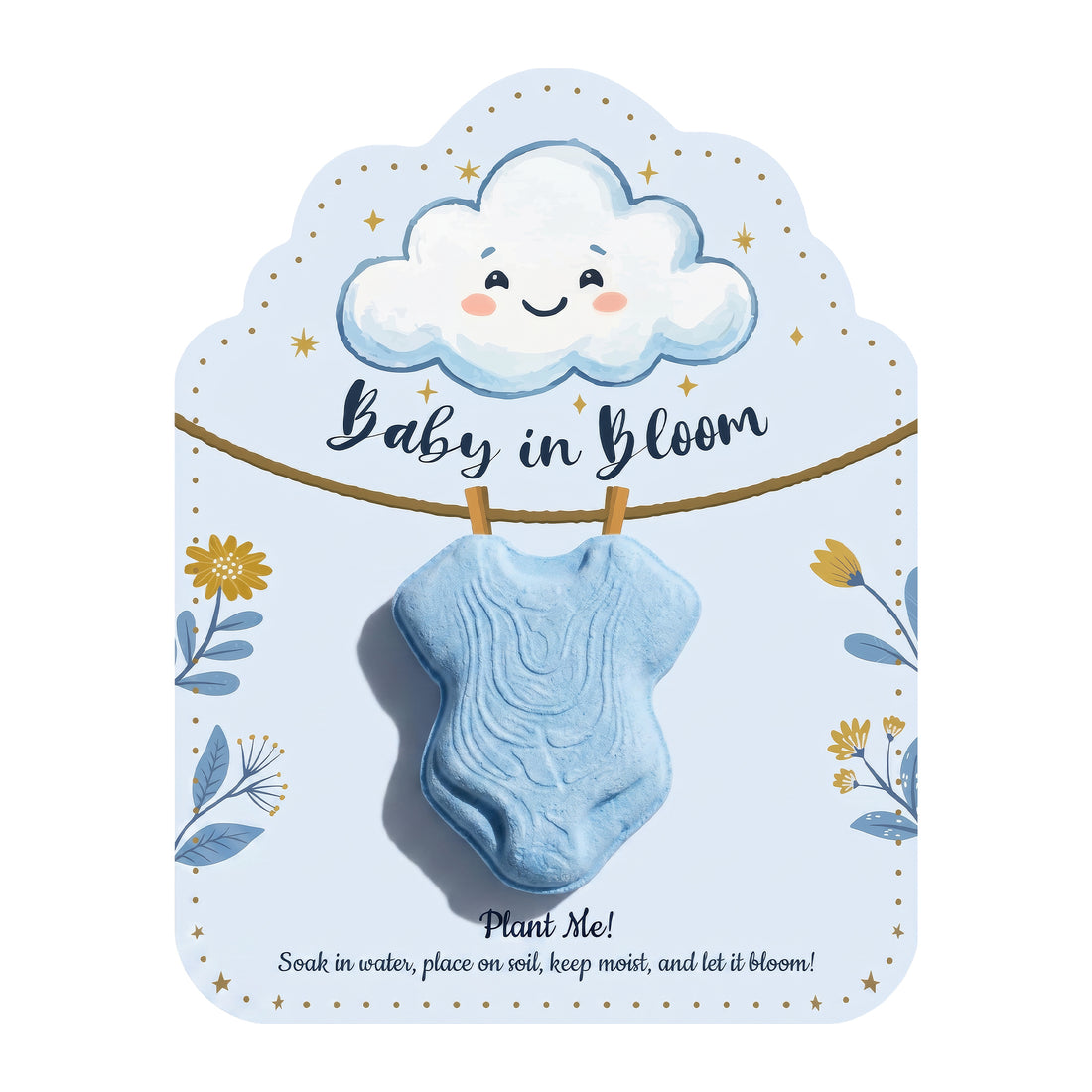 Blue onesie seed pop favor with happy cloud design and "Baby in Bloom" text, includes planting instructions