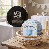 Complete 24 piece Baby in Bloom baby boy onesie seed paper gift set in wicker basket with light blue design, illustrated cards, double-sided tapes, displayed in elegant nursery setting