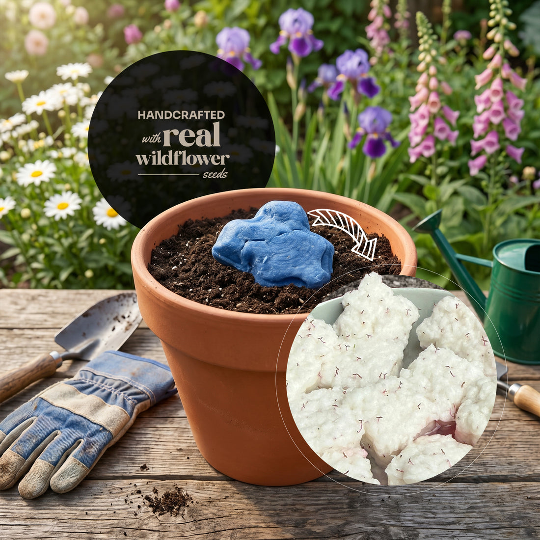 Baby in Bloom onesie seed paper before and after - baby boy light blue and baby girl white versions handcrafted with real wildflower seeds, showing sprouted blooms in garden with tools