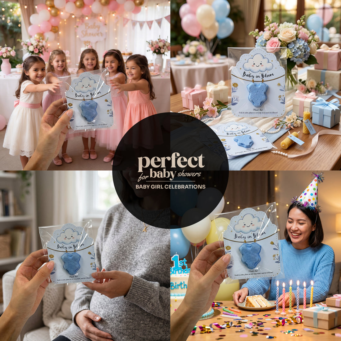 Baby in Bloom baby boy onesie seed paper favors - collage showing light blue favors at children&
