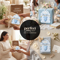 Baby in Bloom baby boy onesie seed paper gift presentation - collage showing light blue favor wrapped with ribbon, boxed gift set, pregnant woman receiving gift, and flat lay styling with neutral décor