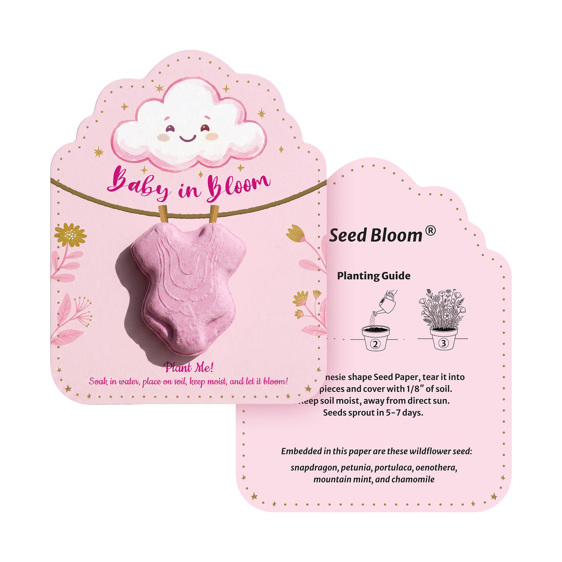 Seed Bloom onesie seed pop favor packaging showing planting guide with Baby in Bloom pink onesie design and wildflower seed instructions