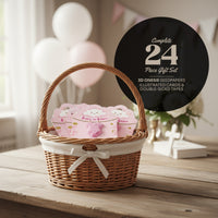 Complete 24 piece onesie seed paper gift set in wicker basket with Baby in Bloom illustrated cards and double-sided tapes