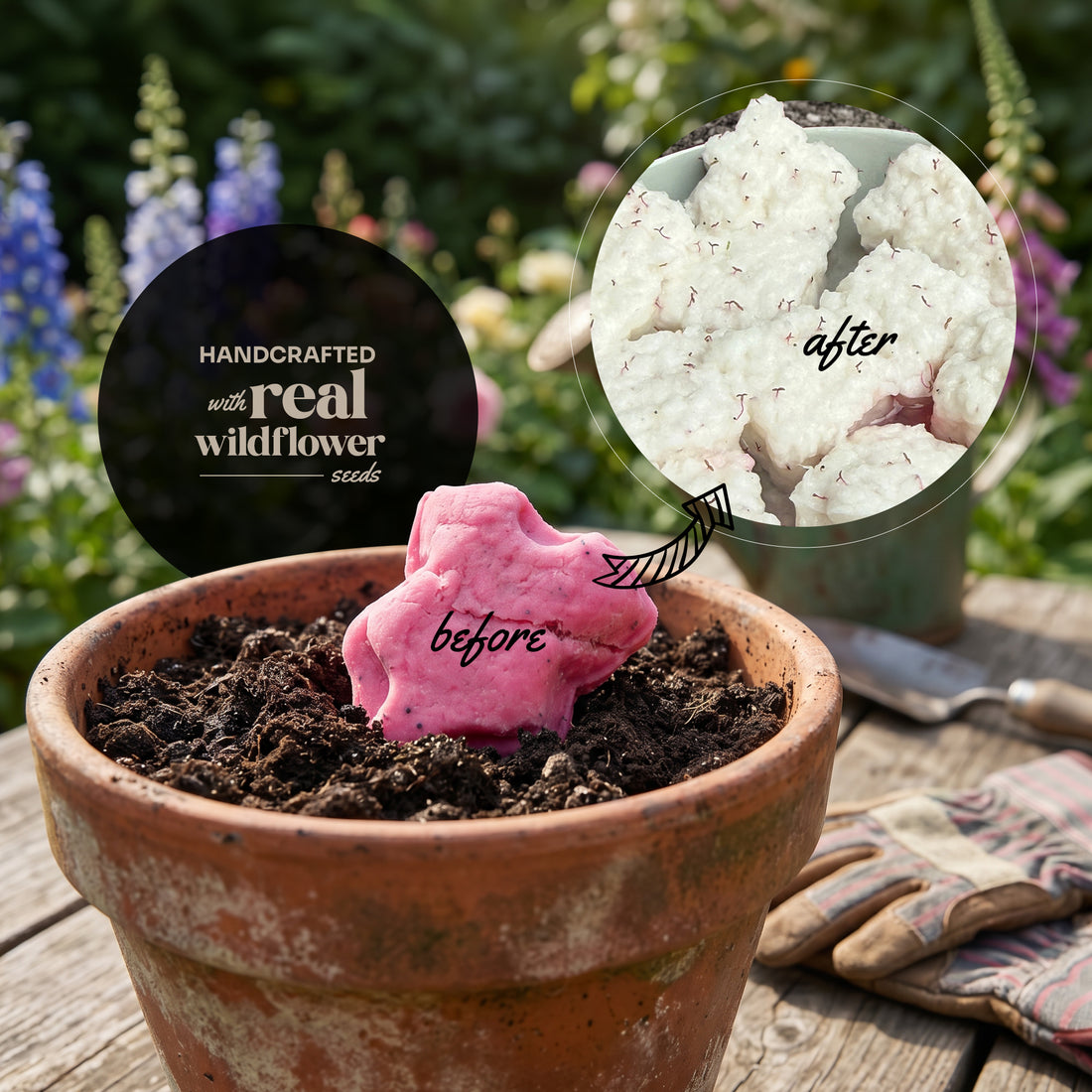 Onesie seed paper before and after sprouting - handcrafted with real wildflower seeds, showing pink onesie in soil and bloomed white flowers in garden