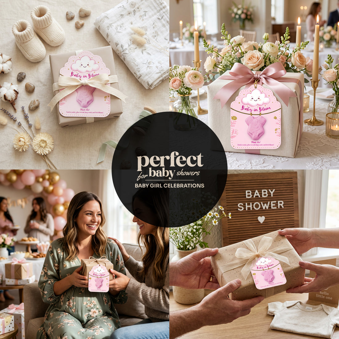 Baby in Bloom onesie seed paper favors styled for baby girl showers - collage showing gift packaging with pink ribbon, elegant table centerpieces, guests exchanging favors, and neutral nursery décor