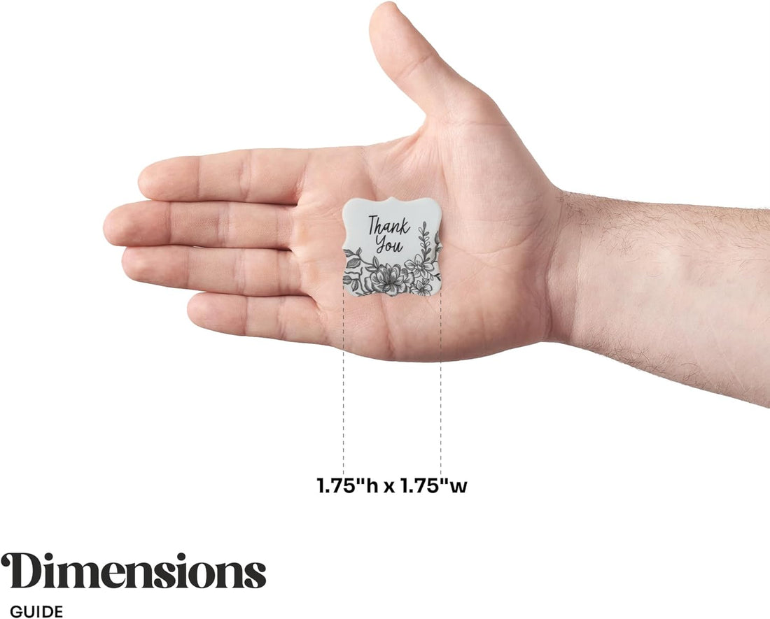 Visual guide demonstrating the 1.75"h x 1.75"w size of the Floral Plantable Thank You Seed Paper Tags by Seed Bloom Gifts held in a person&