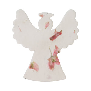Bloom plantable seed paper angel funeral favor with pressed pink flowers and green leaves