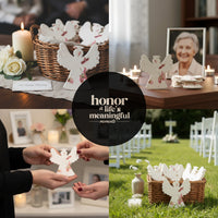 A collage of four images showing Bloom plantable seed paper angel funeral favors used in memorial settings: displayed in a basket with candles and flowers, arranged on a table with a framed photograph, held in hands for sharing, and placed in baskets outdoors at a memorial service on grass with white chairs
