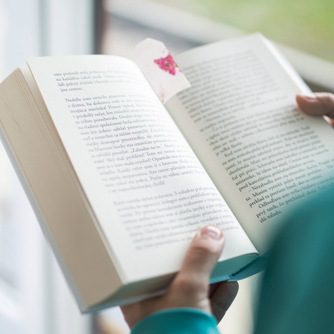 A person holding an open book near a window, using a tag that resembles a Pink Blank Tags Plantable Seed Paper by Seed Bloom Gifts with a dried pink petal as a bookmark.
