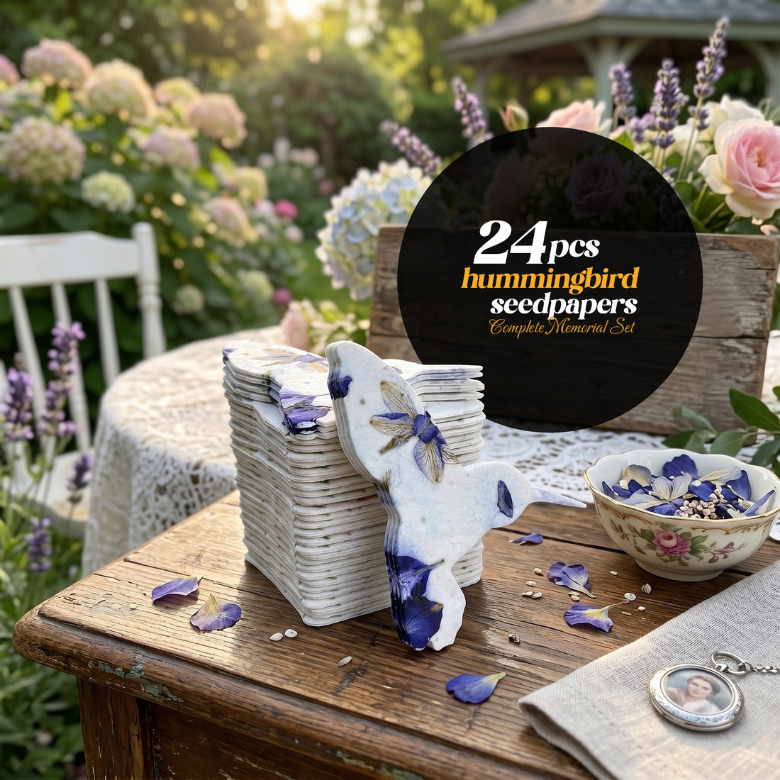  Set of 24 eco-friendly napkins made from plantable seed paper, adorned with a charming hummingbird
