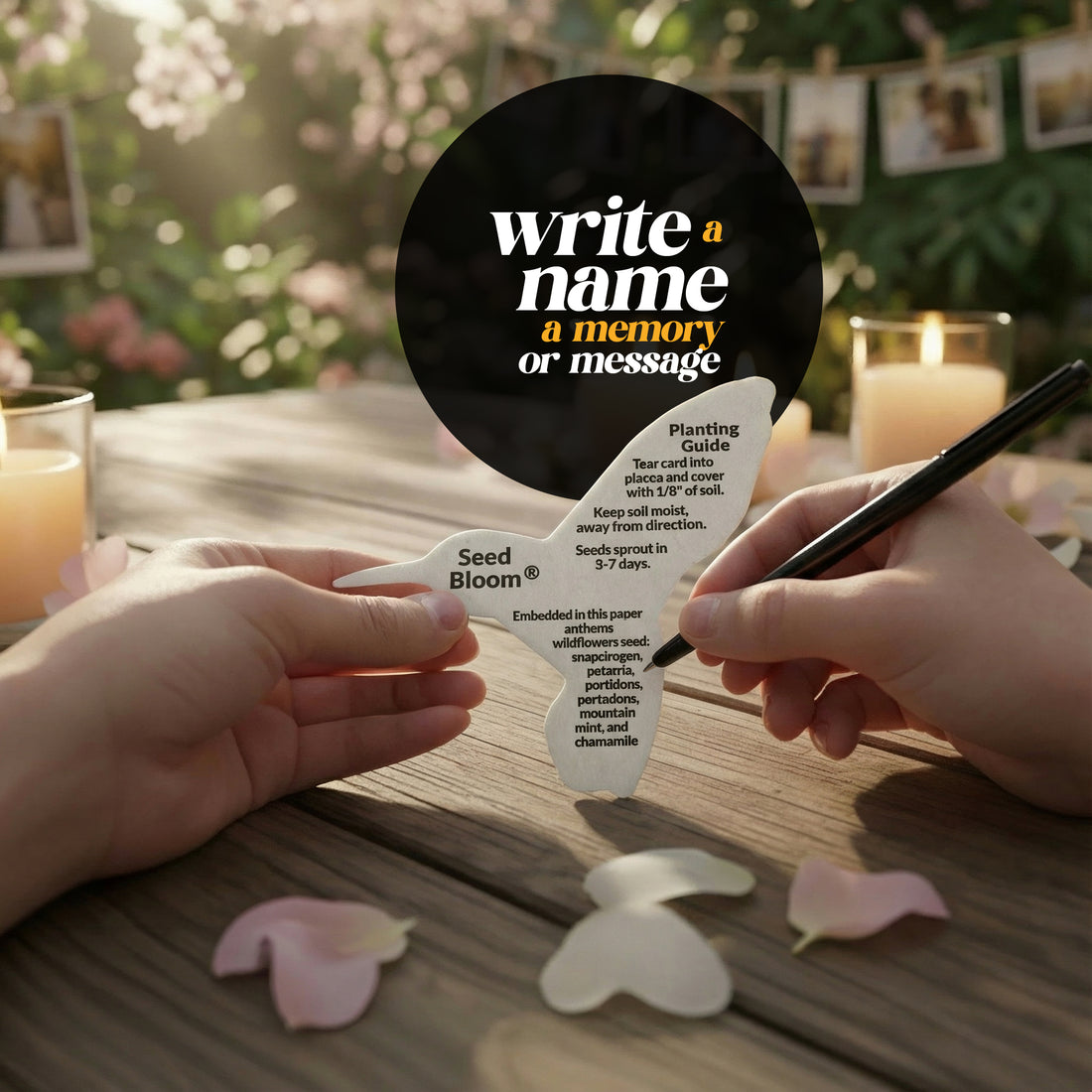 A hand writing a name on a wedding invitation made of Hummingbird Memorial plantable seed paper.