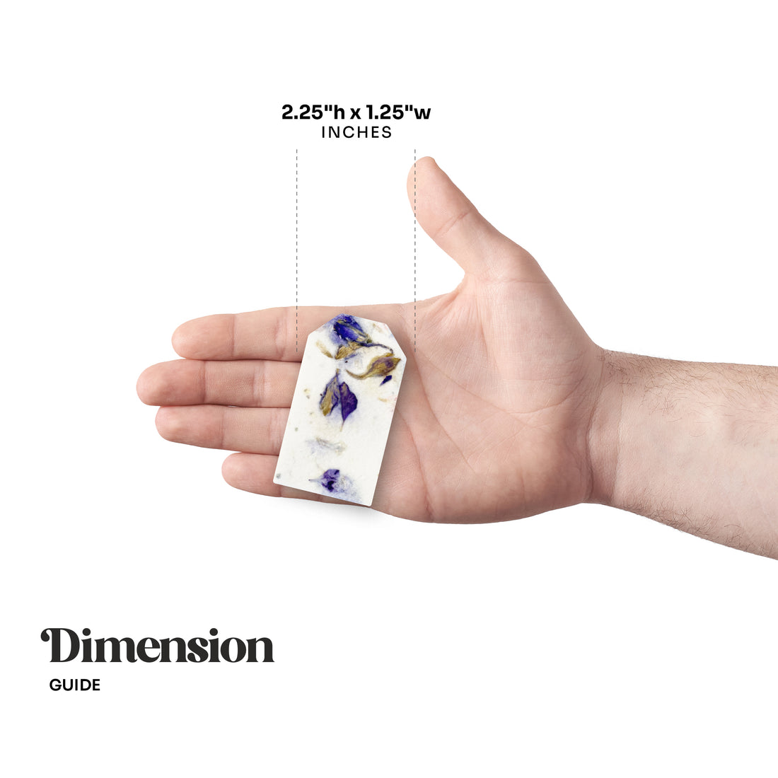 A hand holds a Purple Blank Tags Plantable Seed Paper by Seed Bloom Gifts with purple floral inclusions, illustrating its dimensions of 2.25"h x 1.25"w INCHES against a white background.