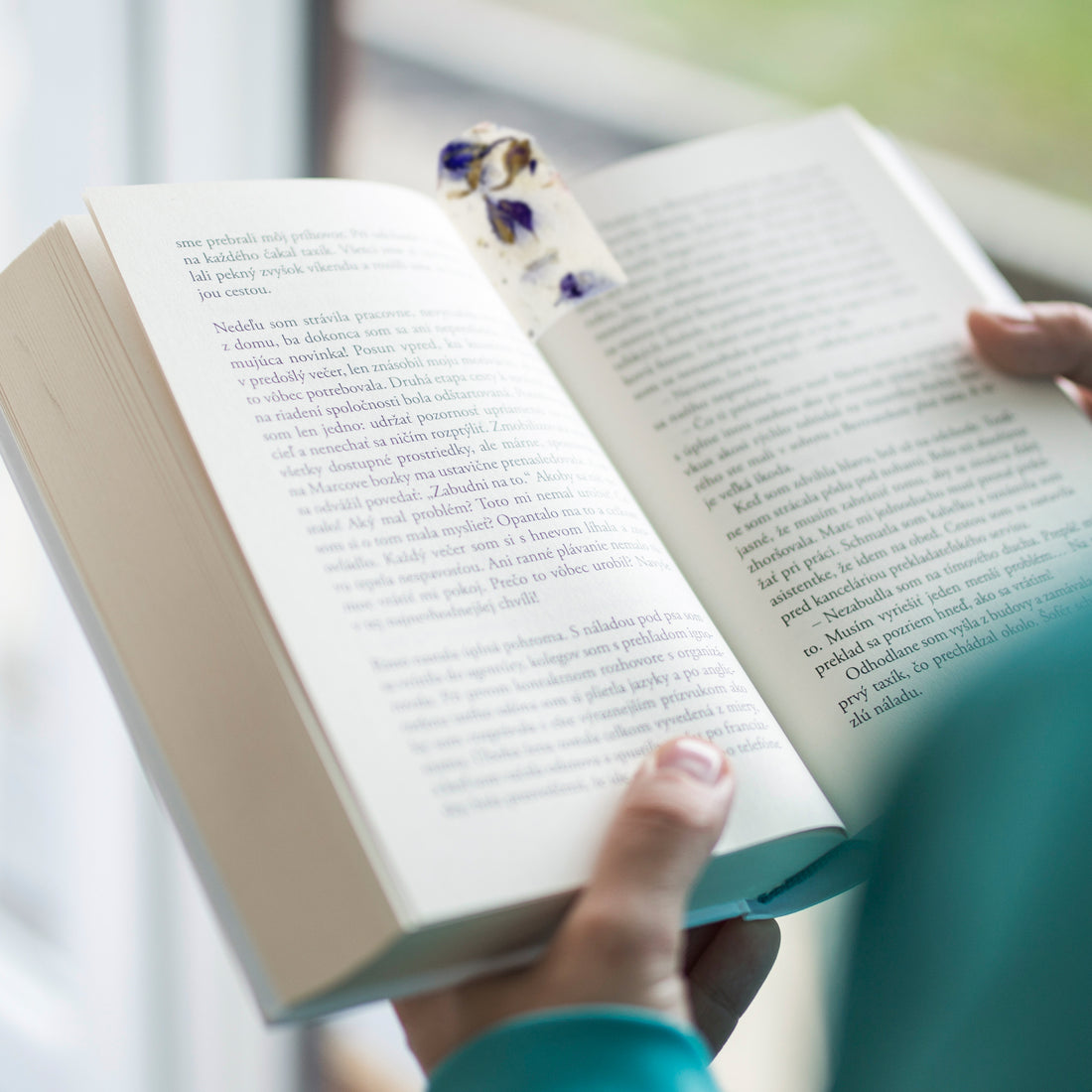 A person holds an open book near a window, using a tag that resembles a Purple Blank Tags Plantable Seed Paper by Seed Bloom Gifts, which contains a blue dot and embedded purple petals, as a bookmark.