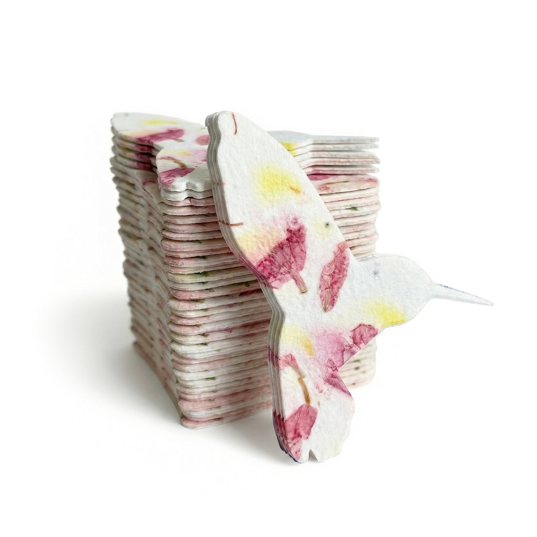 A colorful hummingbird sits atop a stack of memorial plantable seed paper, blending art with eco-consciousness