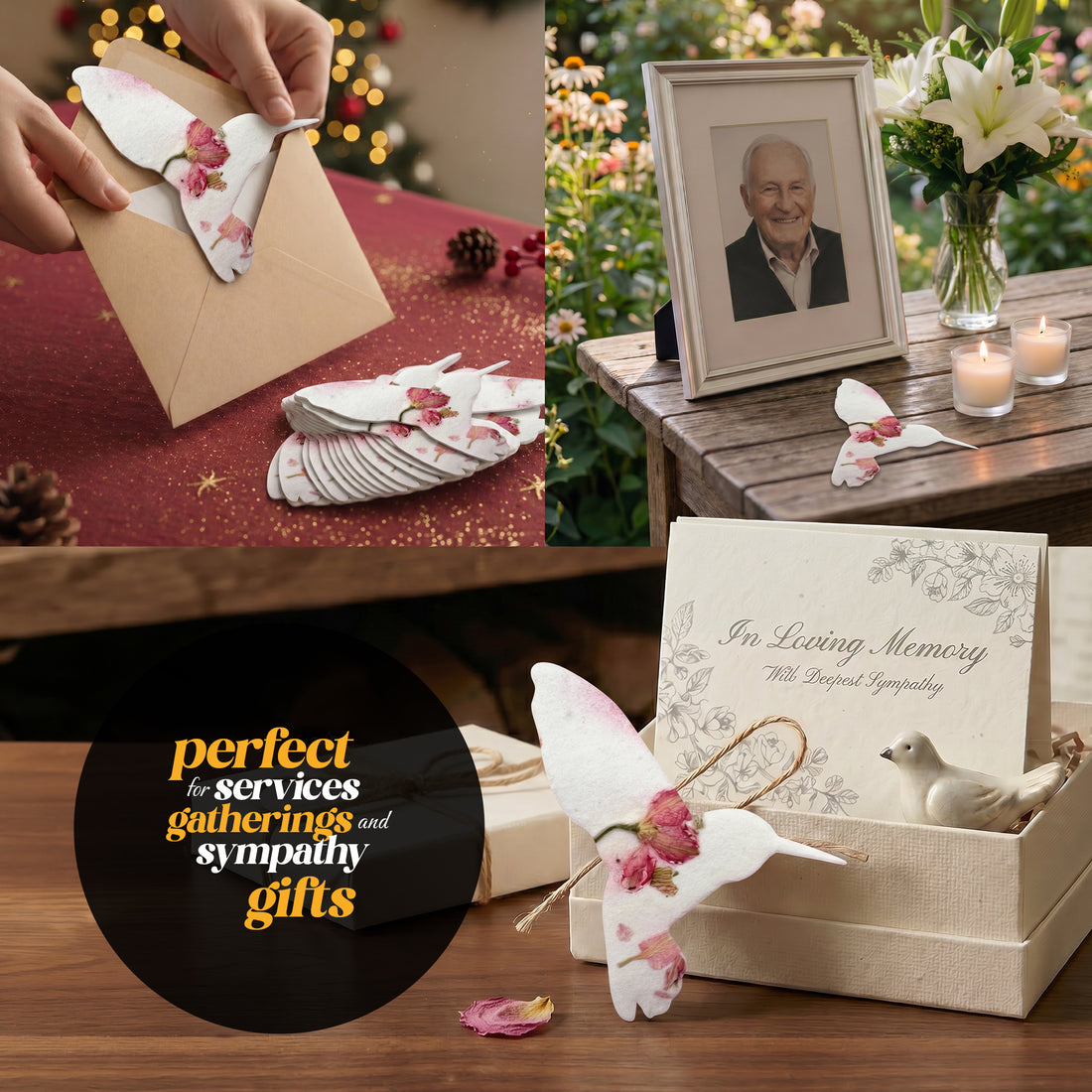 A person holds a small bird with a flower, highlighting the Hummingbird Memorial Plantable Seed Pape