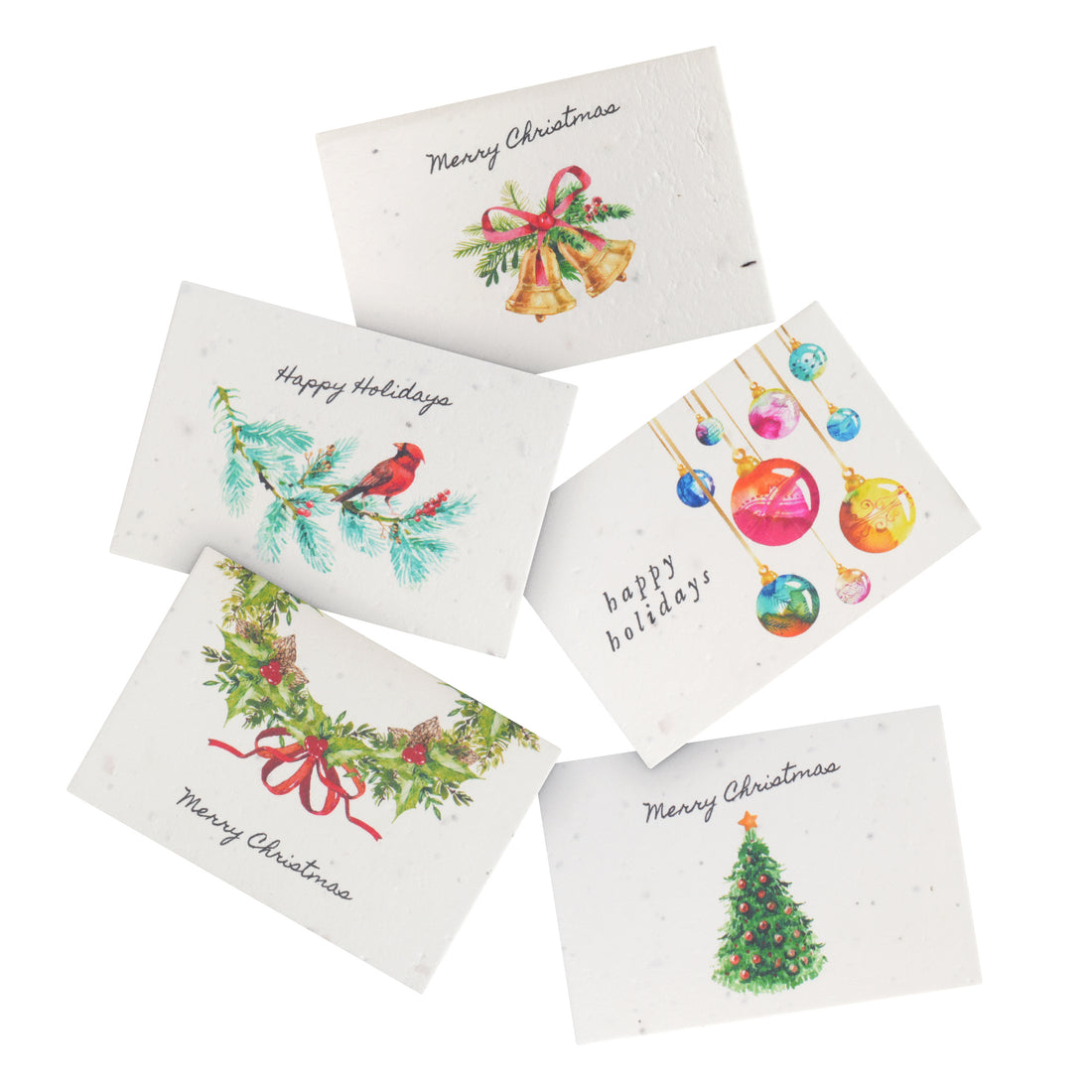 Close-up of a set of plantable holiday greeting cards by Seed Bloom Gifts, emphasizing the seed paper texture. A sustainable Christmas Holiday Gift that grows into wildflowers.