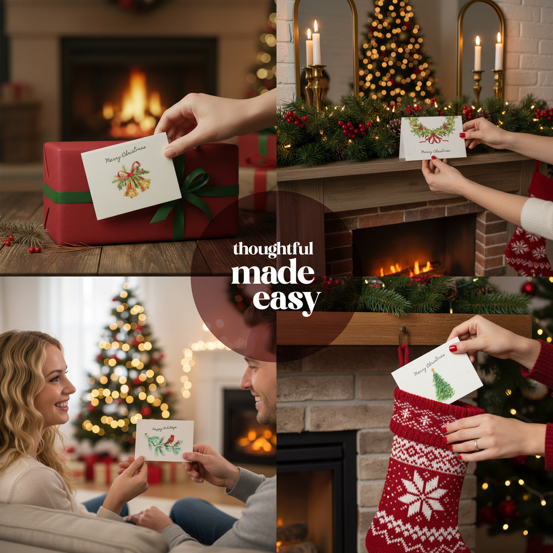 Collage of people exchanging plantable holiday Christmas cards by Seed Bloom Gifts with festive background
