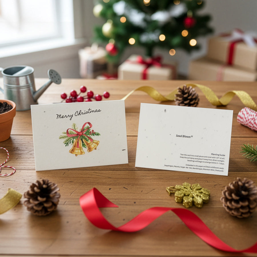 Plantable Holiday Christmas cards by Seed Bloom Gifts with decorative elements on a wooden table with a festive background.