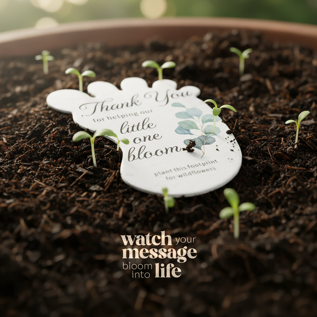 Baby footprint seed paper baby shower favor by Seed Bloom Gifts with text and small plants on a soil background