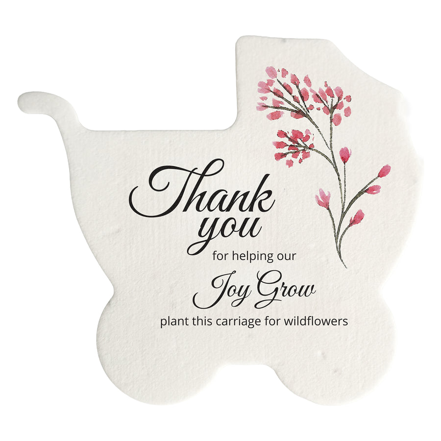 red Carriage-shaped baby shower favor by seed bloom gifts with pink flowers and text on a white background