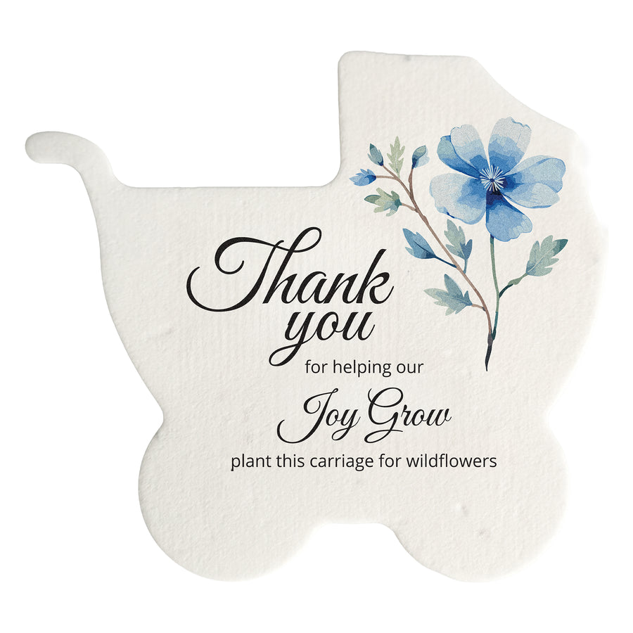 Carriage-shaped seed paper baby shower favor by Seed Bloom Gifts sign with blue flowers and text on a white background