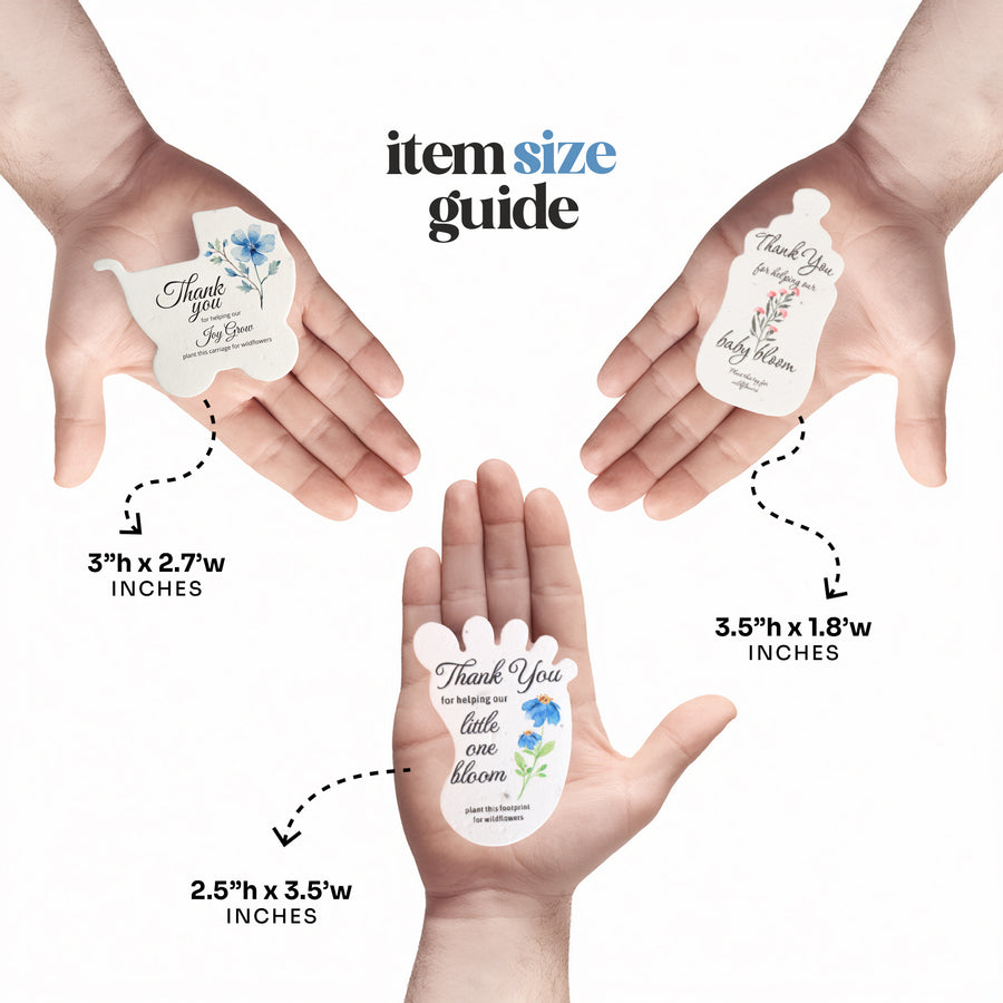 Size guide showing three different sizes of seed paper baby shower favors shaped in baby bottle, carriage and footprints  by Seed Bloom Gifts held in hands.