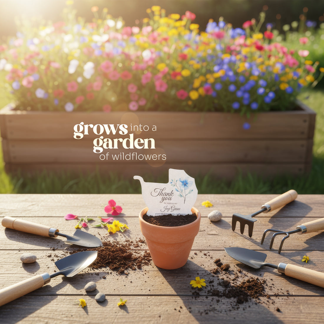 Gardening tools and a pot with a baby carriage seed paper baby shower favor by Seed Bloom gifts on top  of it with wildflower seeds on a wooden table, with a garden bed of flowers in the background.