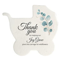 baby carriage-shaped seed paper baby shower favor by Seed Bloom Gifts with floral design and text on a white background