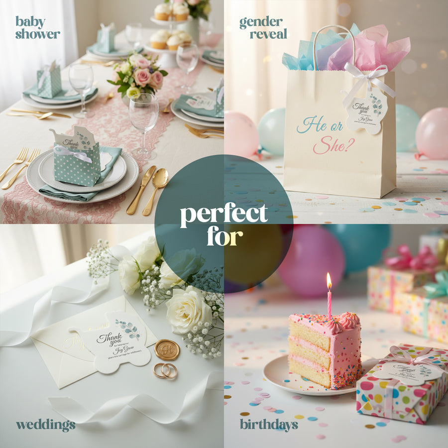 Collage of party-themed items including a baby shower table setting, gender reveal decor, wedding invitations, baby carriage shaped seed paper by Seed Bloom Gifts, and birthday cake.