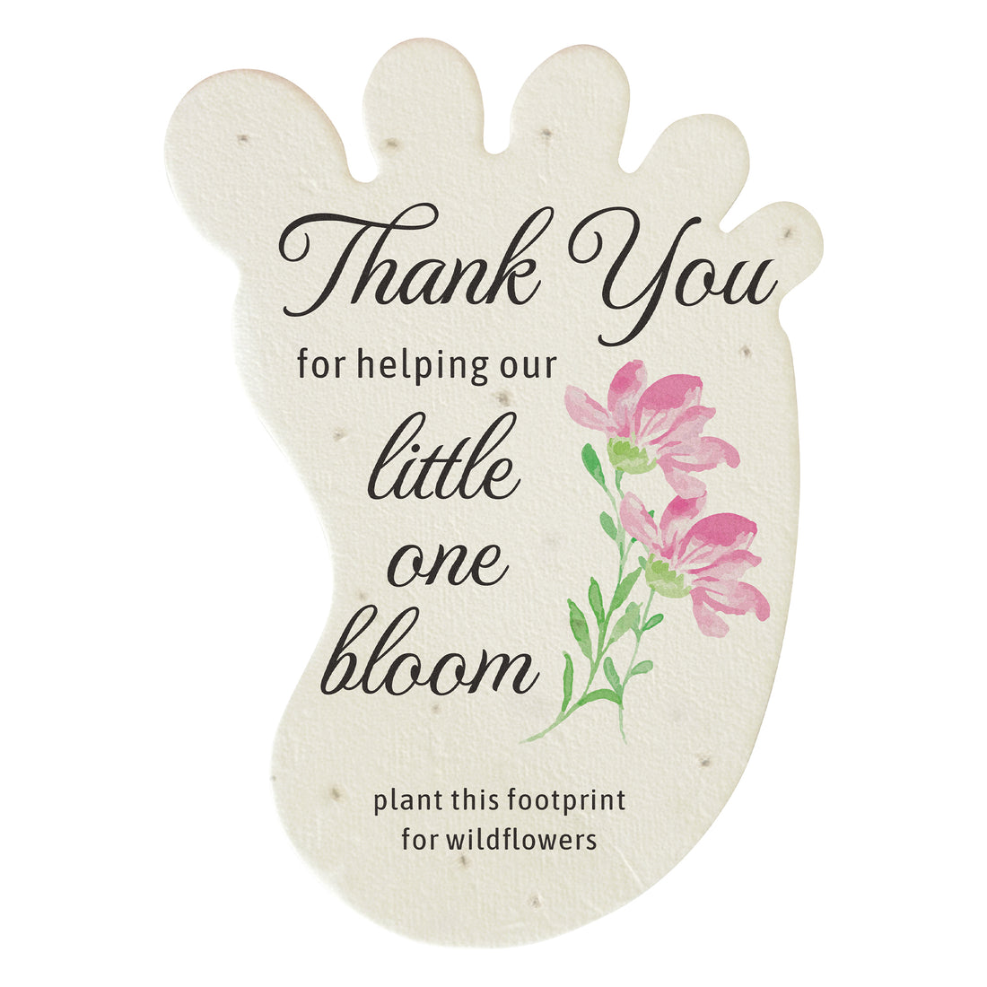Decorative sign Baby footprint seed paper baby shower favor by Seed Bloom Gifts with floral design and text on a white background