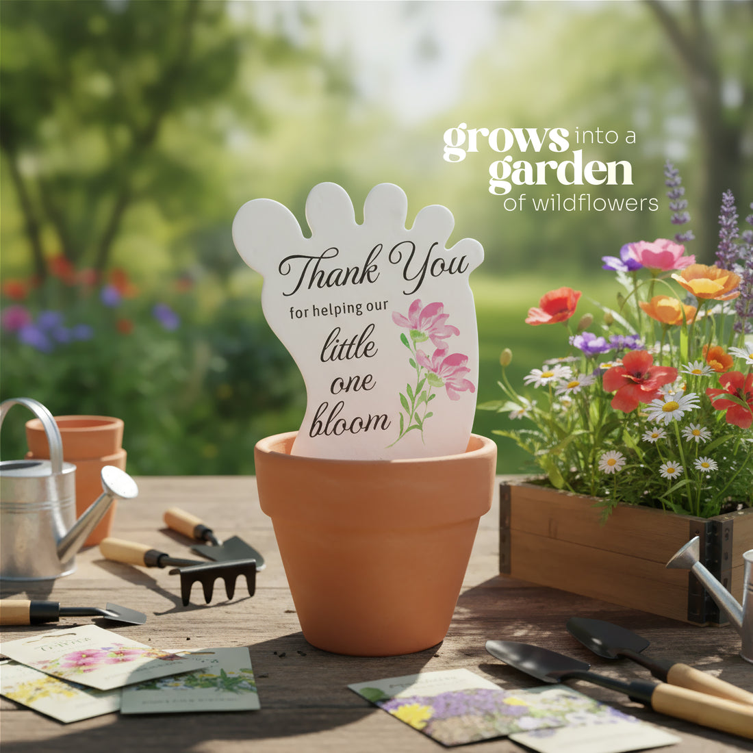 Garden-themed 
Baby footprint seed paper baby shower favor by Seed Bloom Gifts with flowers in a pot on a table with gardening tools and plants in the background.