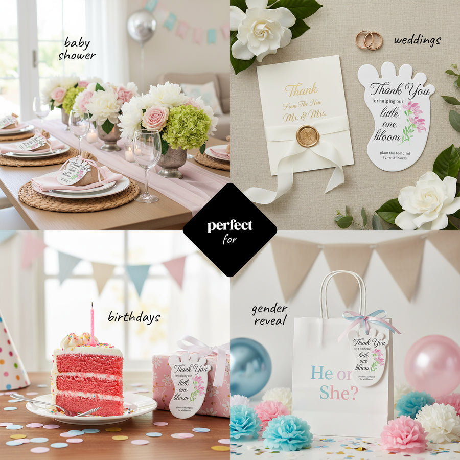 Collage of party decorations for baby shower, weddings, birthdays, gender reveal, and other events and a Baby footprint seed paper baby shower favor by Seed Bloom Gifts placed strategically