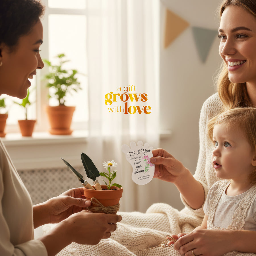 Two women and a child holding a potted plant with a 'Thank You' card in a home setting and another woman holding a Baby footprint seed paper baby shower favor by Seed Bloom Gifts.