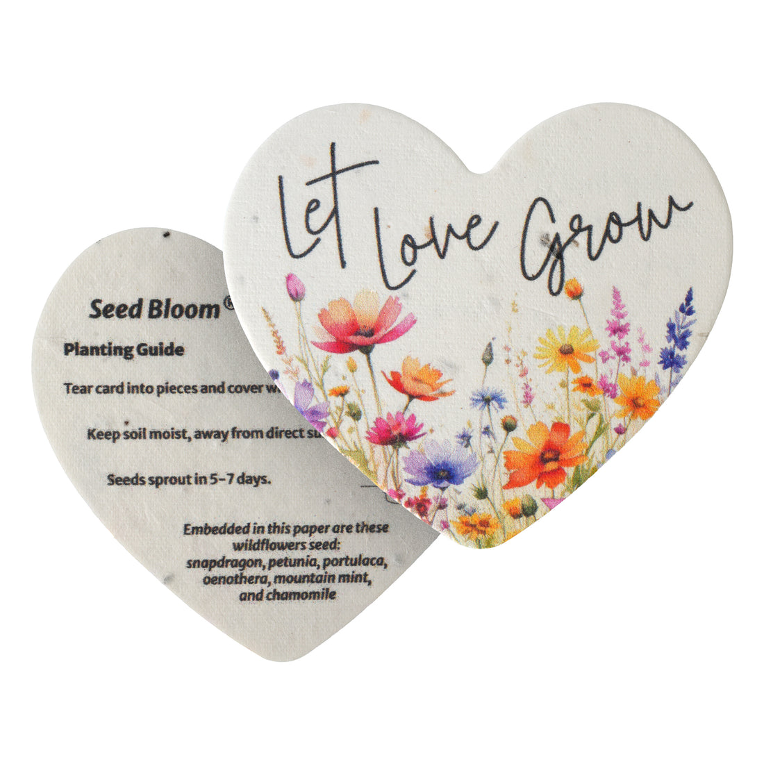 Heart-shaped seed bloom card with floral design and &