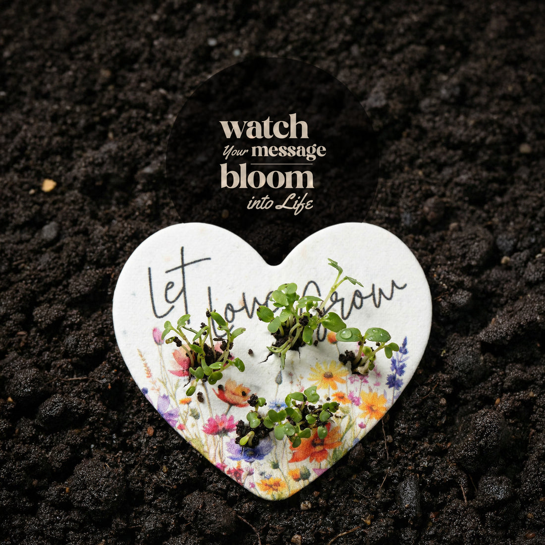 Heart-shaped white plate with plants growing on it, placed on dark soil with text &