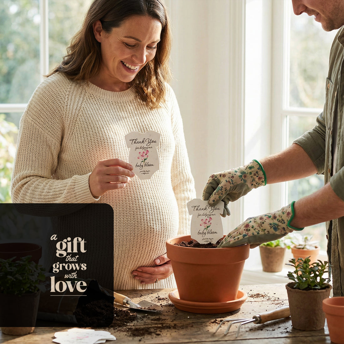 Pregnant woman and partner planting a seed paper onesie baby shower favor in a terracotta pot indoors, smiling as they garden together with the message “Thank you for helping our baby bloom” visible on the plantable card.