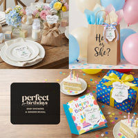 Collage of baby shower favor and birthday party items including cards, balloons, and cake.
