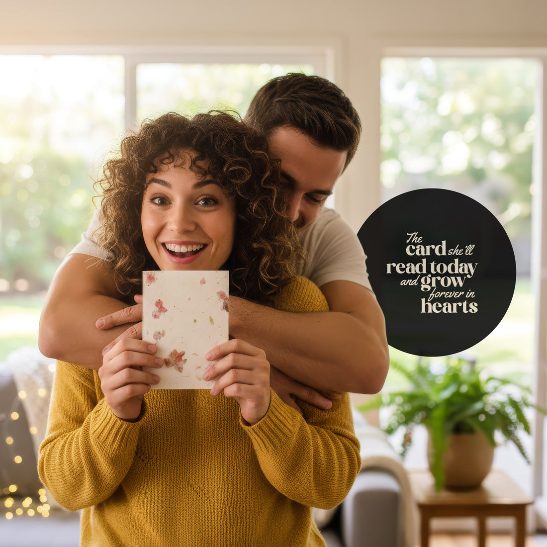 A couple displays a card saying, "The secret to a happy relationship is to show your partner you care