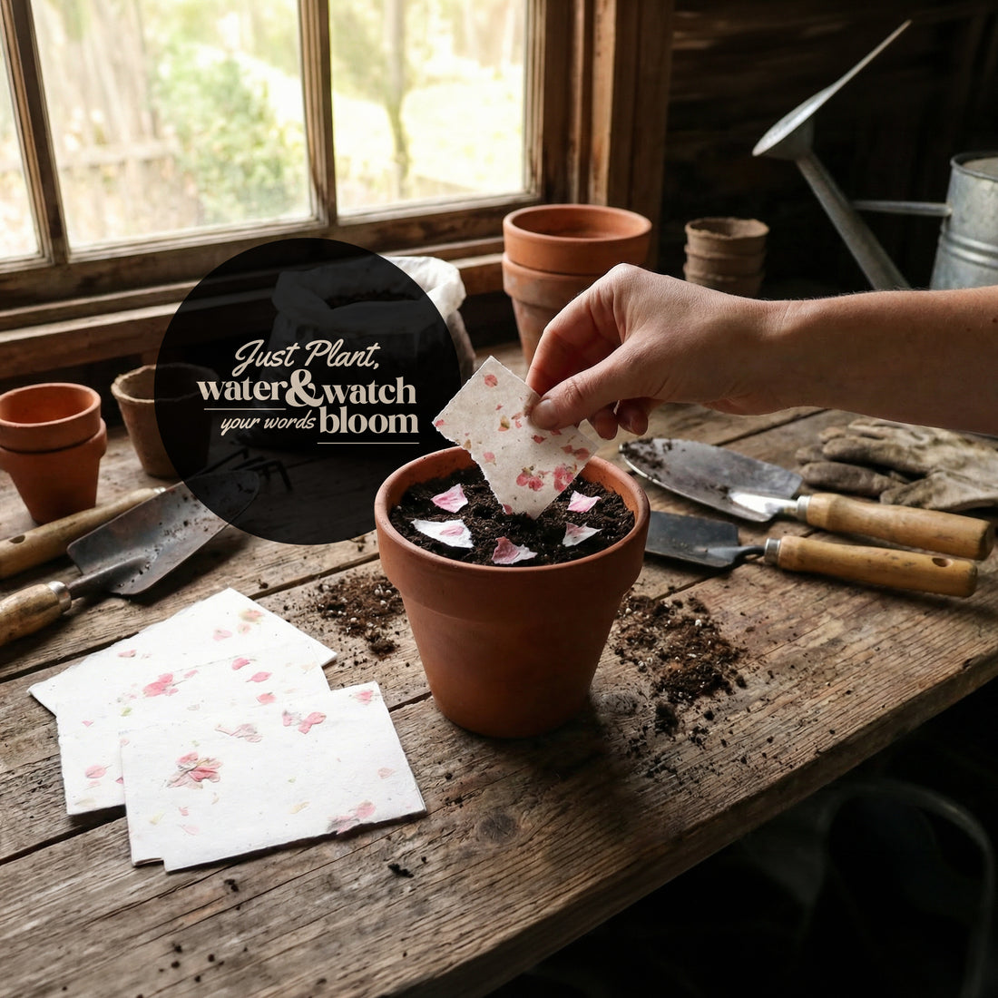 A hand lifts a flower pot containing a "Bloom Thank You" card, showcasing a thoughtful gesture