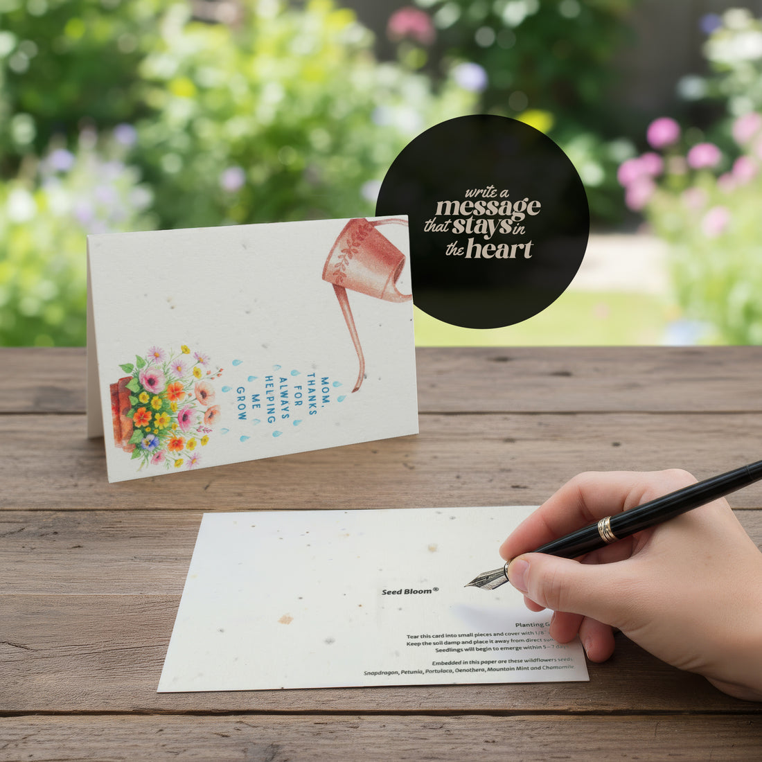 Handmade stationery featuring a garden watering station design for a Mother&