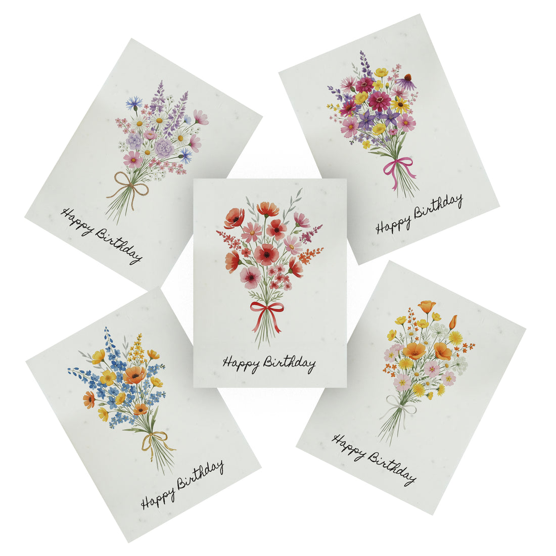 A set of four birthday cards adorned with flowers, each displaying "Happy Birthday" in cheerful lettering