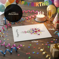 Birthday card featuring flowers and balloons displayed on a table, celebrating a special occasion