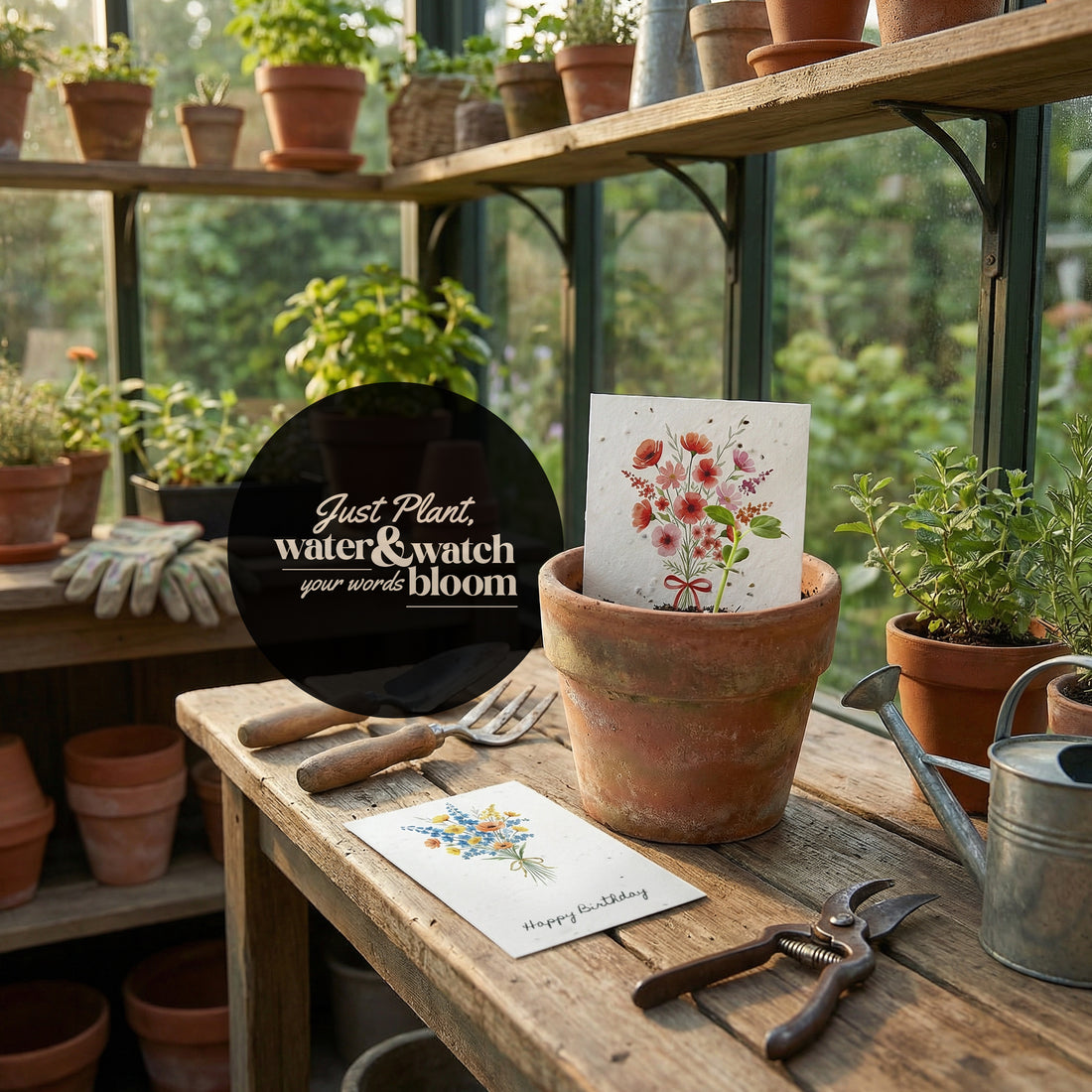 A potted plant on a table beside a birthday card and a note, creating a cheerful birthday setting